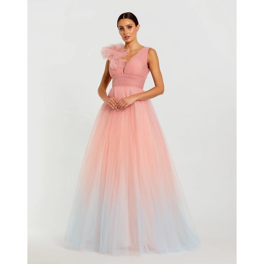 NWT Mac Duggal Pink Ruffle Shoulder V Neck Ombre Tulle Ball Gown - Size 10 - Picture 4 of 14